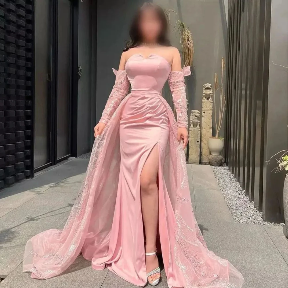 

Customized Sparkly Strapless Pink Sequined Jersey A-line Evening Dress Sexy Backless Pleat Split Floor Length Pageant Prom Gowns