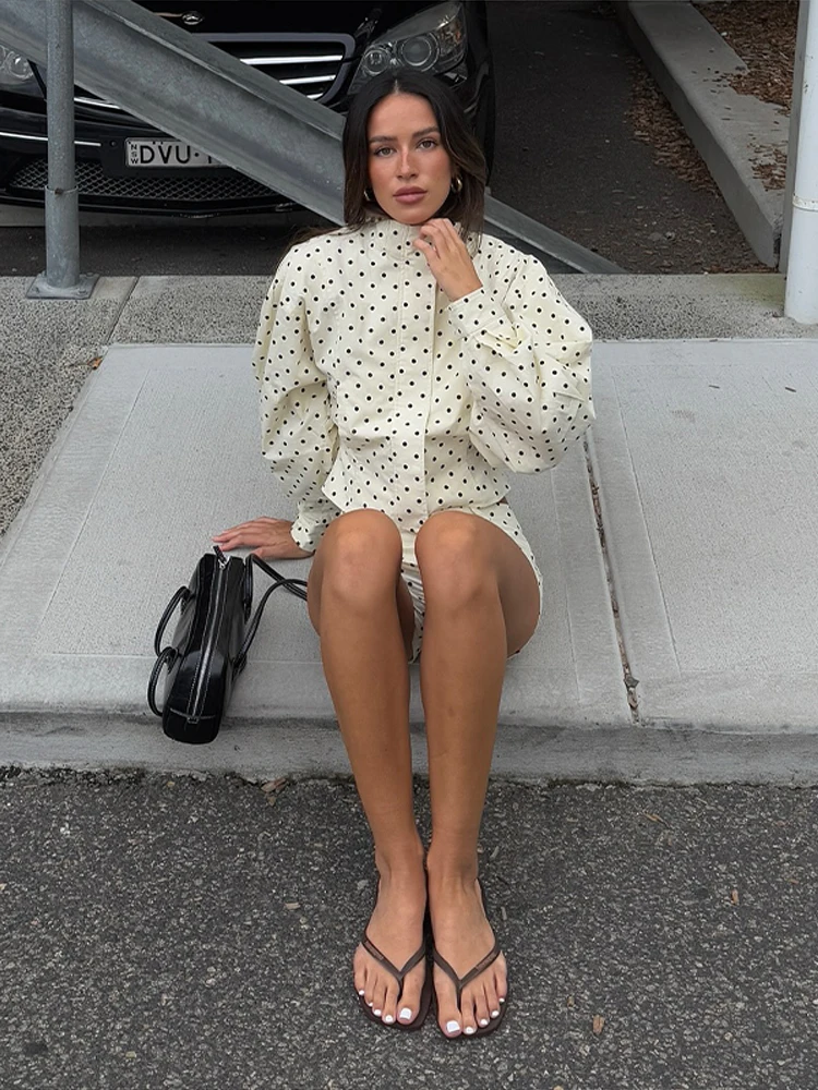 Polka Dots Print Jacket Shorts Set Women's Casual Full Sleeve