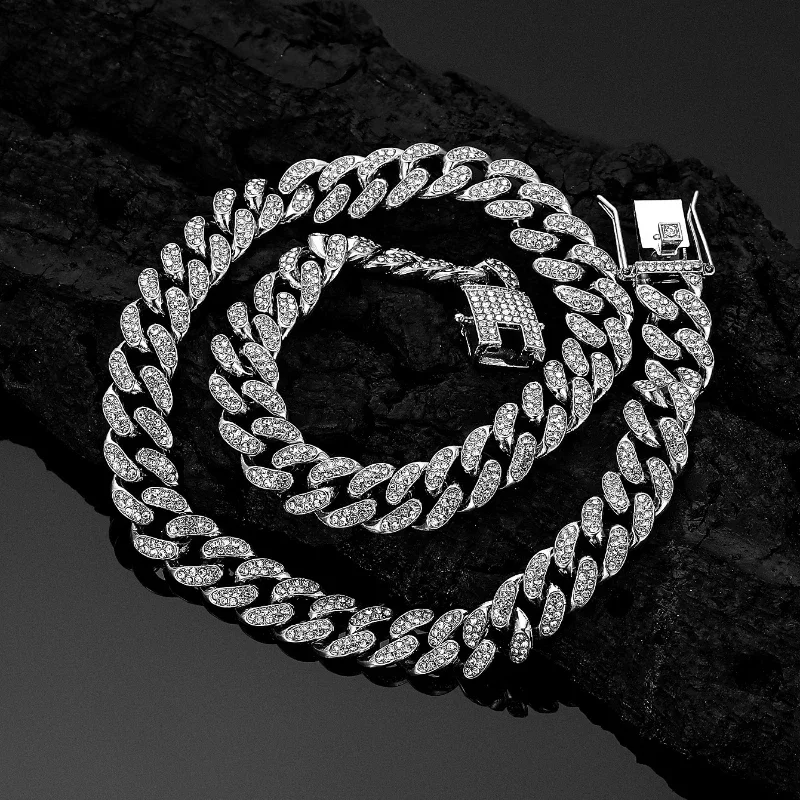 Collar de cadena de eslabones cubanos de 13MM de Hip Hop brillante para mujeres y hombres, cadena cubana helada con diamantes de imitación de Color plateado, collar de joyería Punk para regalo