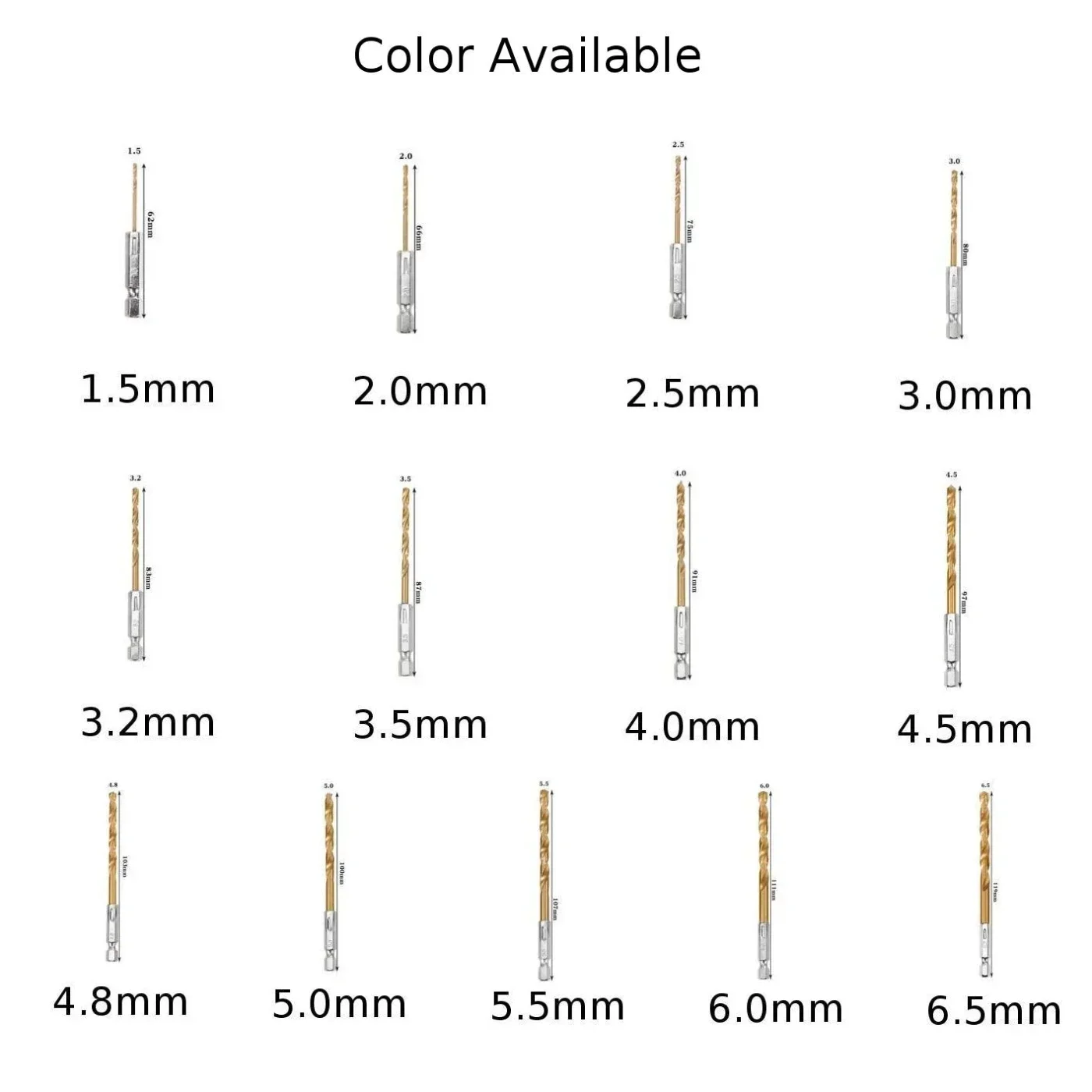 Brand New Punta da trapano Codolo esagonale Acciaio ad alta velocità Alluminio 1.5mm/0.06\" Oro 1/4\" Codolo esagonale 1 pezzo di plastica 2.5mm/0.10\"