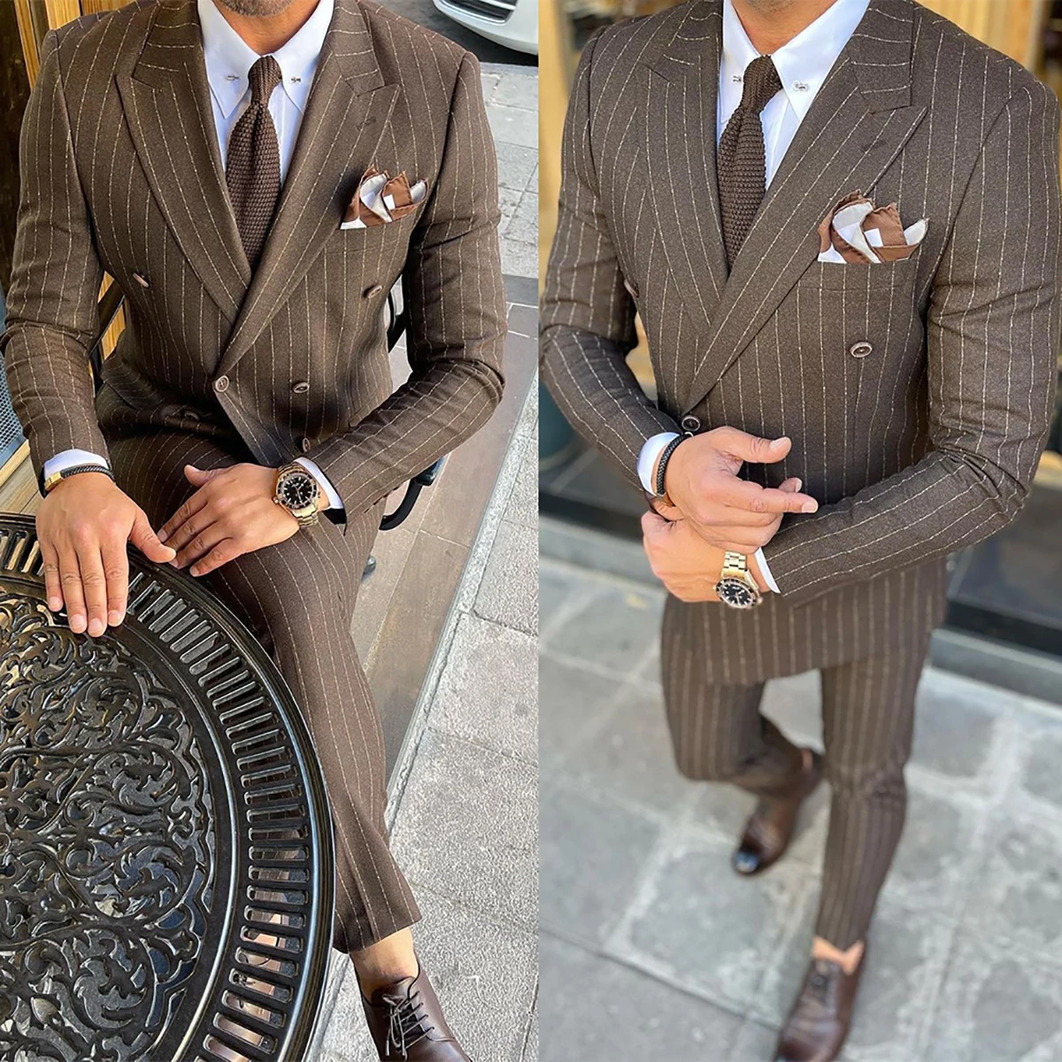 Brown Pinstripe Men Suit 2 Pieces Business Blazer Pants Double Breasted Wedding Groom Formal Work Wear Party Causal Tailored