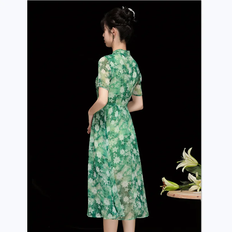 Vintage Chiffon Dress Young Girl Summer Stand Collar Short Sleeve Slim Green Printed Improved Cheongsam