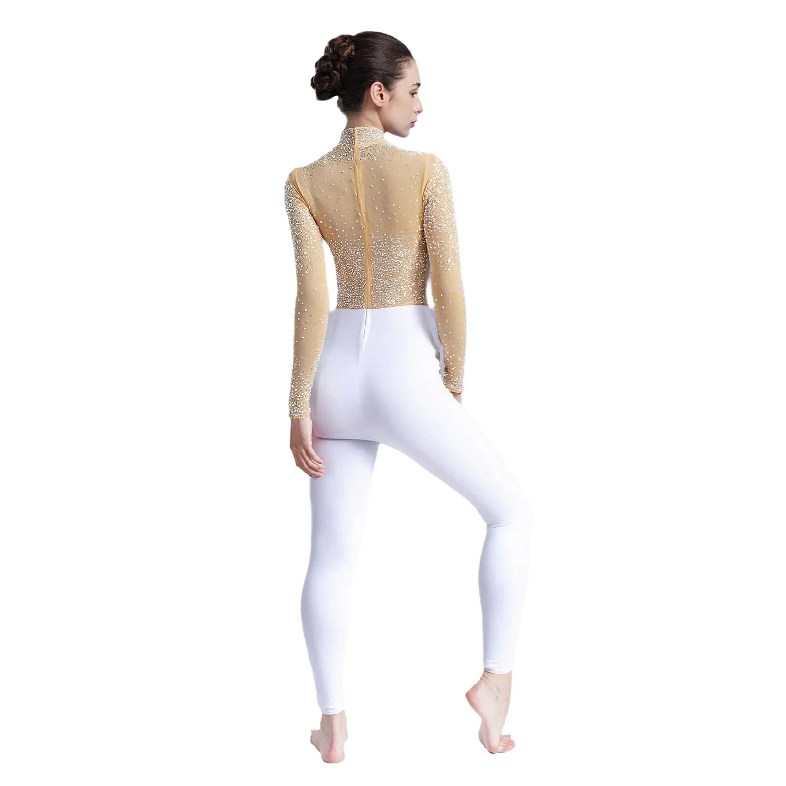ชุดจั๊มสูทออกกำลังกายสำหรับผู้หญิง ประดับด้วยกลิตเตอร์และคริสตัล เหมาะสำหรับการเต้นรำ ยิมนาสติก ฟิกเกอร์สเก็ต แบบชิ้นเดียว ผ้าตาข่ายโปร่ง แขนยาว