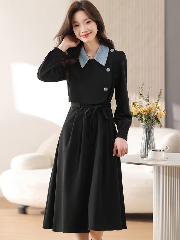 Vrouwen Koreaanse Vintage Bodycon Nep Tweedelige Jurk Zomer Zwart Patchwork Blauwe Polo Kraag Midi Jurk 2025, Elegante Luxe Jurken