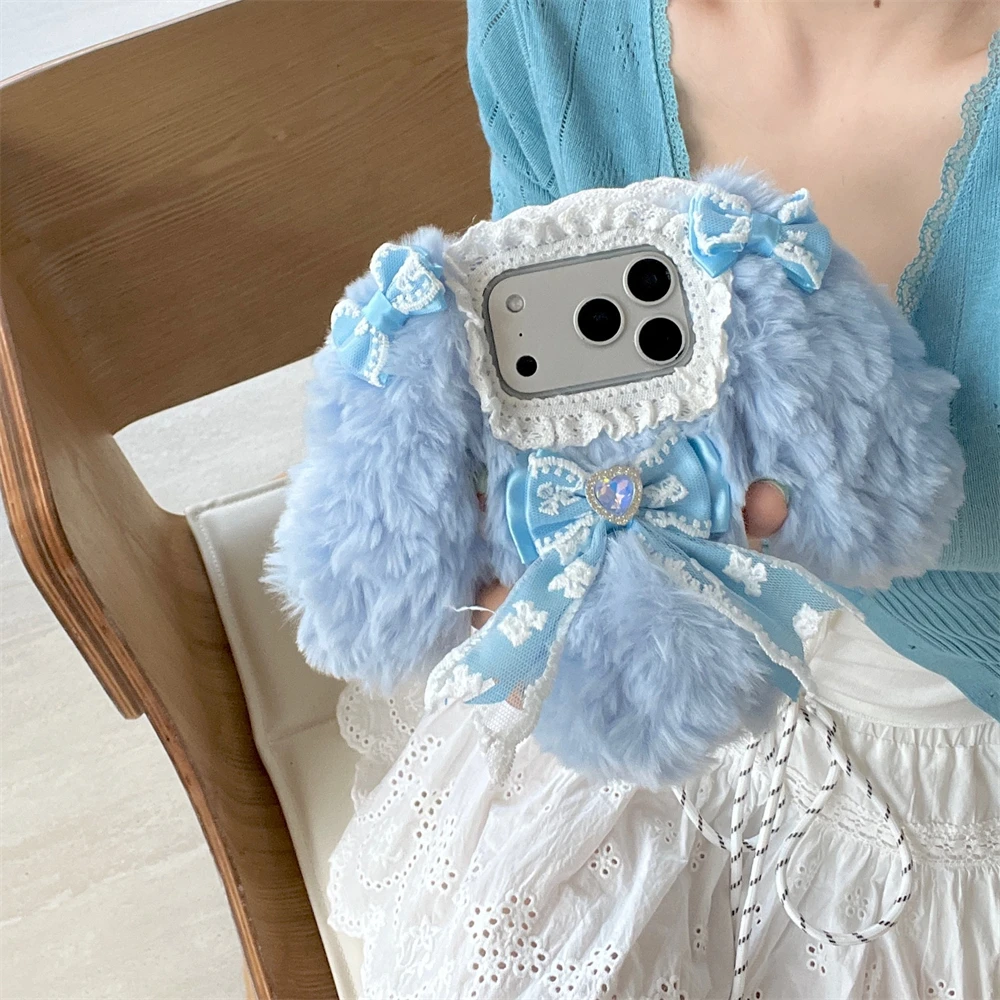 

Bowknot Blue Rabbit Plush Phone Case for IPhone 13 14 15 16 17 Pro Max Furry Fluffy Warm Shockproof Cover