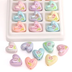 2pcs 20x19mm Acrylic Beads Heart Beads with Tulip Pattern For Making DIY Earring Bracelet Necklace Craft Jewelry Accessories