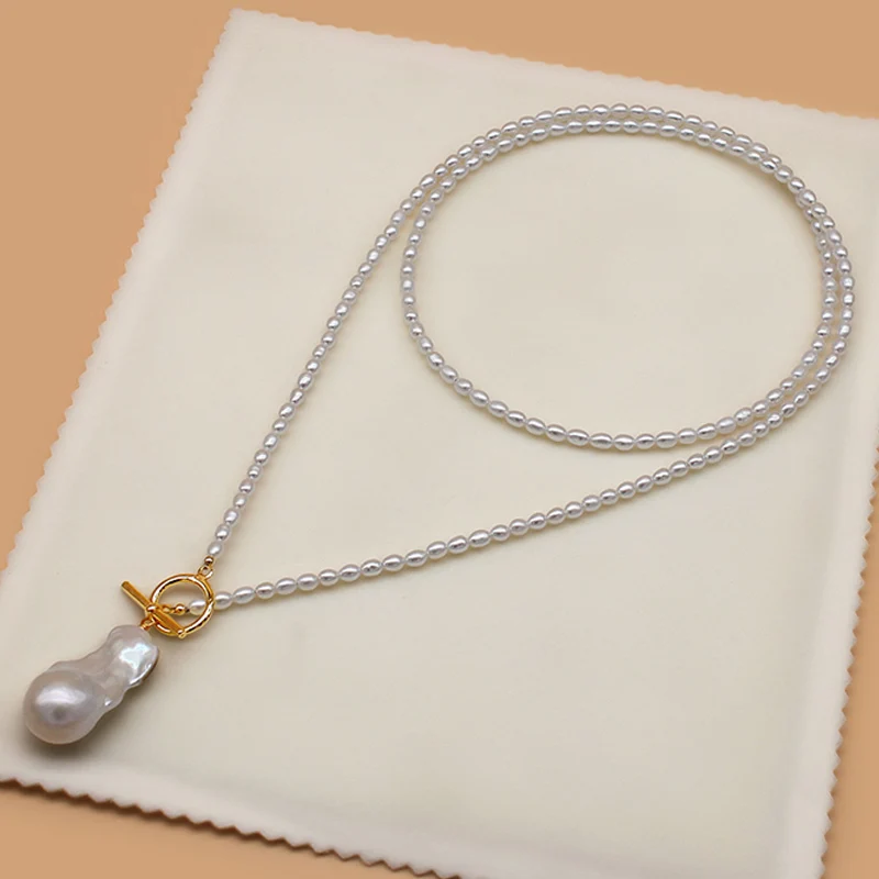 

4A High Quality Natural Freshwater Pearl Pendant Rice Chain Necklace for Women Vintage Elegant Baroque Pearls Necklaces Gift