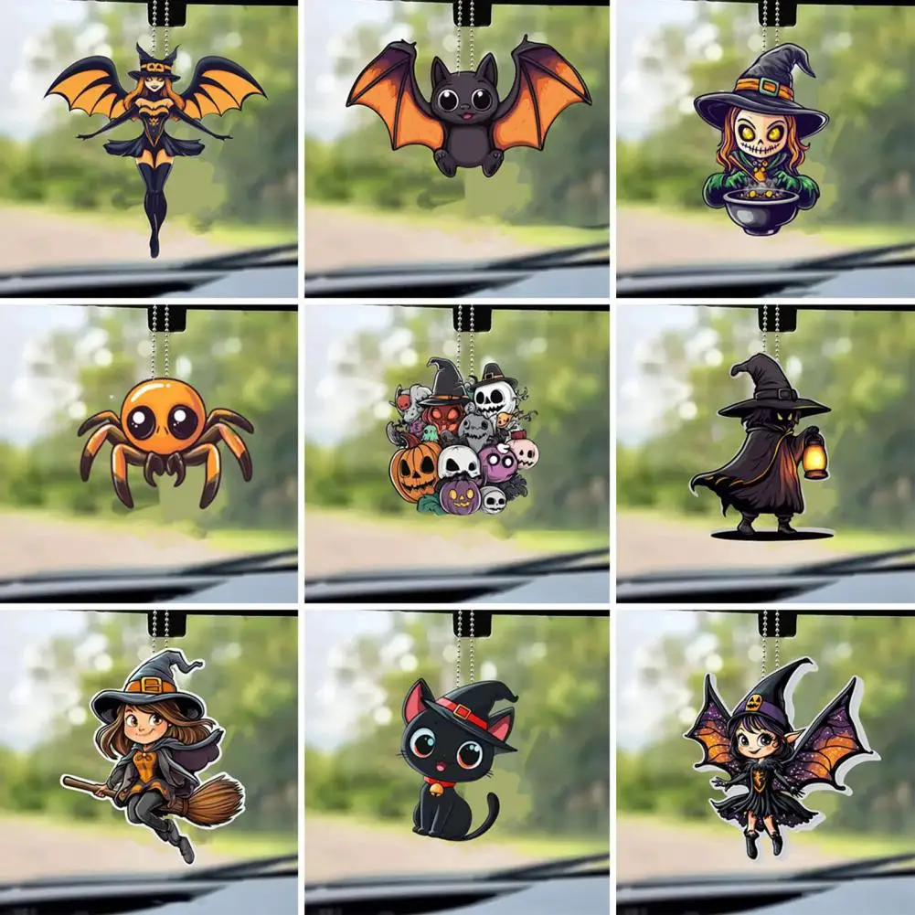 

Car Charm Halloween Car Ornament Spooky Halloween Car Rearview Mirror Charm Keychain Set Cartoon Bat Cat Ghost for Backpack