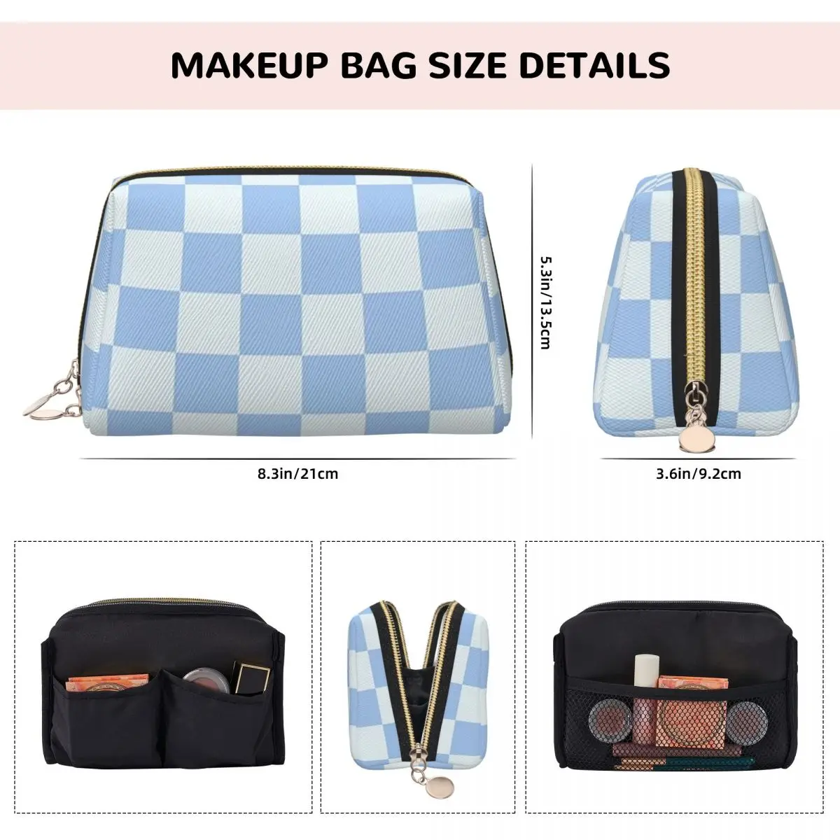 Checkerboard Mini Check Pattern Women Cosmetic Bags Travel Makeup Organizer Pouch Toiletry Storage Dopp Kit Box