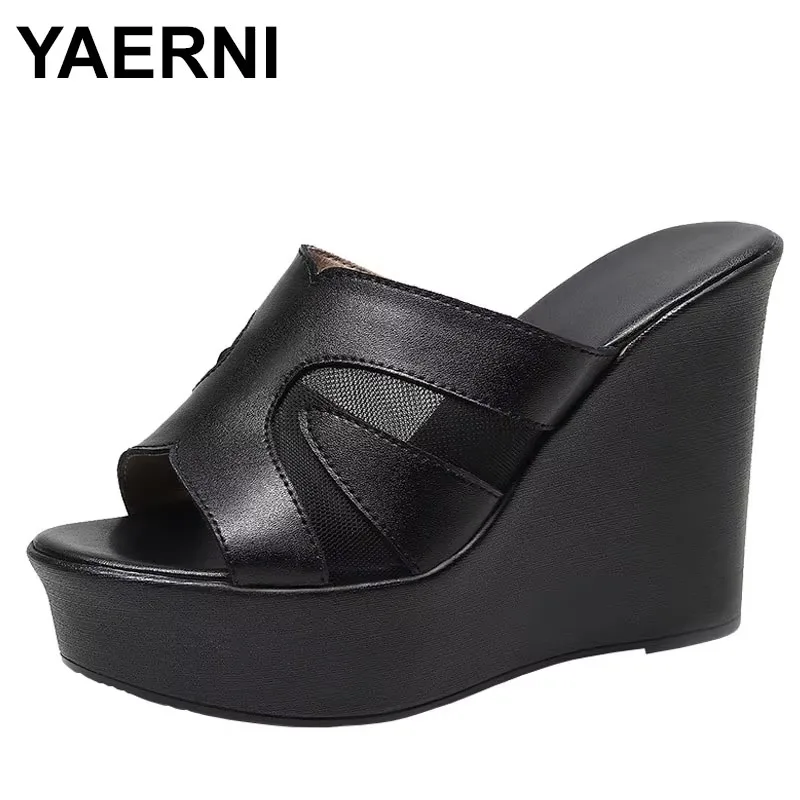 2025 zapatos de tacón alto de cuero genuino para mujer, zapatos informales con parte inferior gruesa, sandalias de cuña de ocio para mujer, plataforma para exteriores para mujer