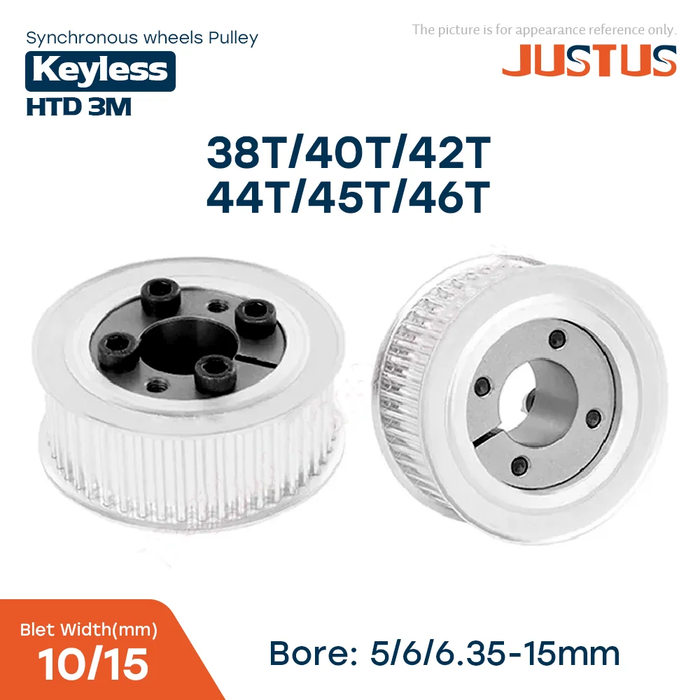 

HTD 3M 38T/40T/42T/44T/45T/46 Teeth Timing Pulley Keyless Bushing Bore 5/6/6.35/8/9/10/11/12/14/15mm for Belt Width 10/15mm