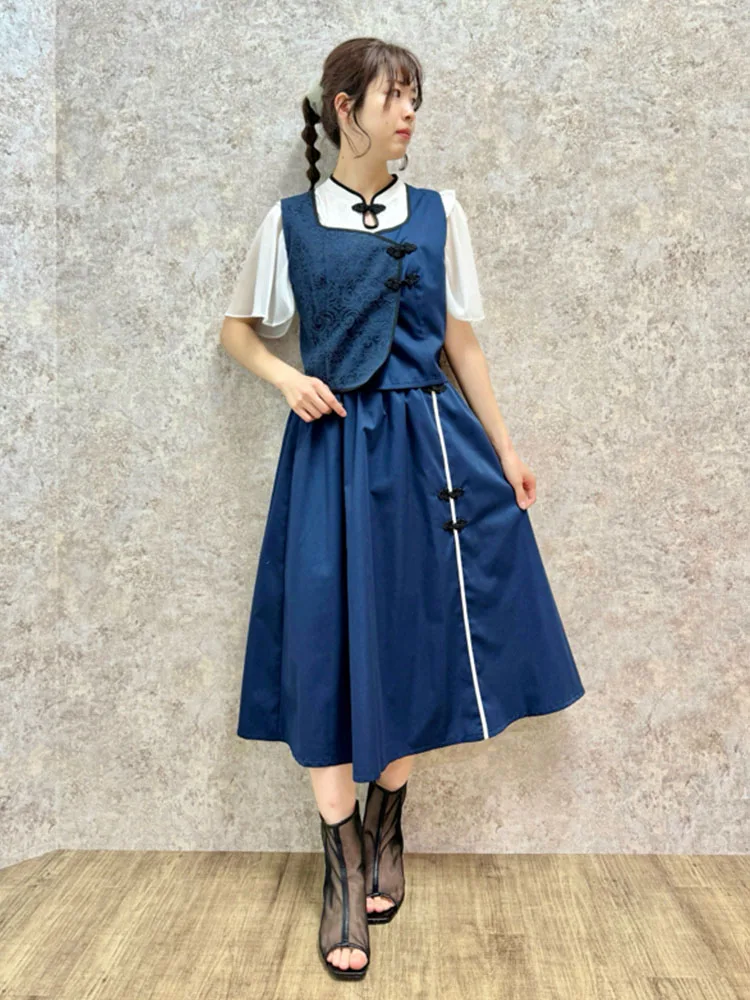 

Ele New Chinese Sle Women's Summer irt with Button Skirt And Vest Set ort Sve Straight Tube Polyester Fiber