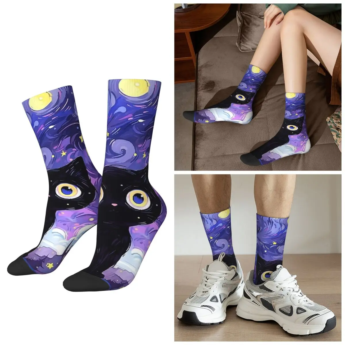 

Всесезонные носки с черным котом под звездами, художественные носки в стиле Харадзюку, высококачественные чулки для мужчин и женщин, рождественские подарки