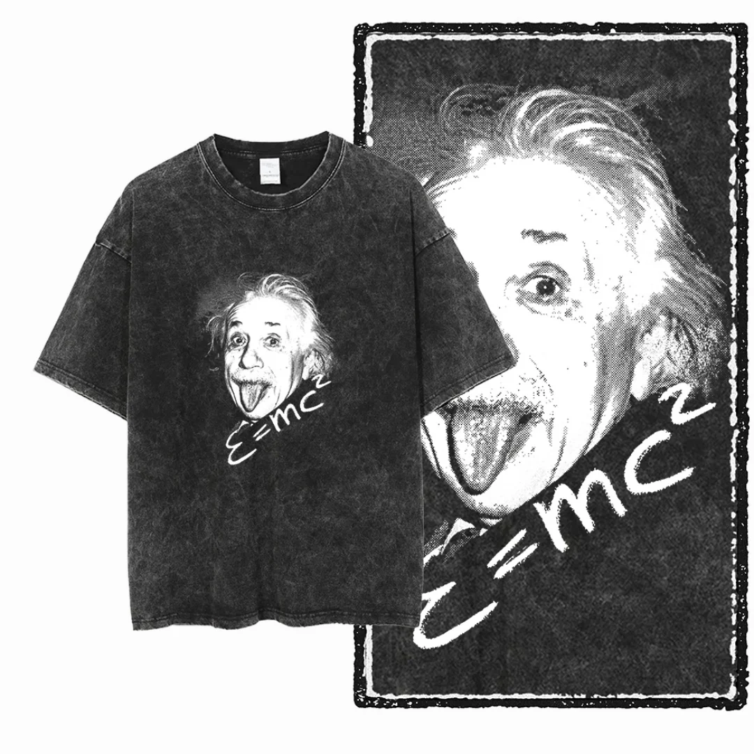 

Vintage Washed Einstein Tongue-out Graphic E=mc² Formula Men T Shirt Oversized Black T-Shirt Vintage-styled Casual Streetwear