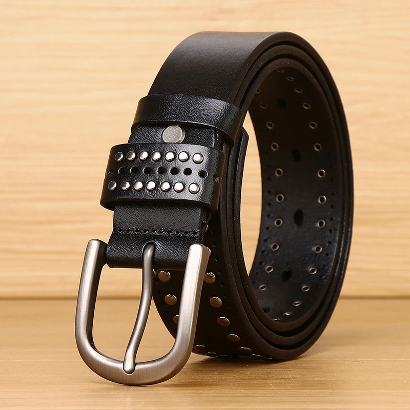 Clickclark Mens/ Women Studded Genuine Leather Belts For Jeans Vintage Retro Circle Rivets Belt With Buckle Black / White