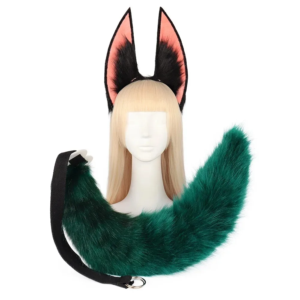 Genshin Impact Tighnari Cosplay Ears Tail Headwear Cosplay Wig Green Plush Tail Ears with Leave Earrings