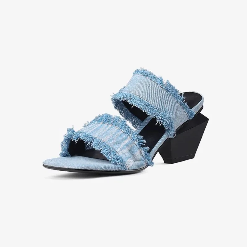 Women Denim Sandals Summer Shoes Fringe Slippers Slip On Cowgirls Fashion Pumps European Style Strange Heel Shoes