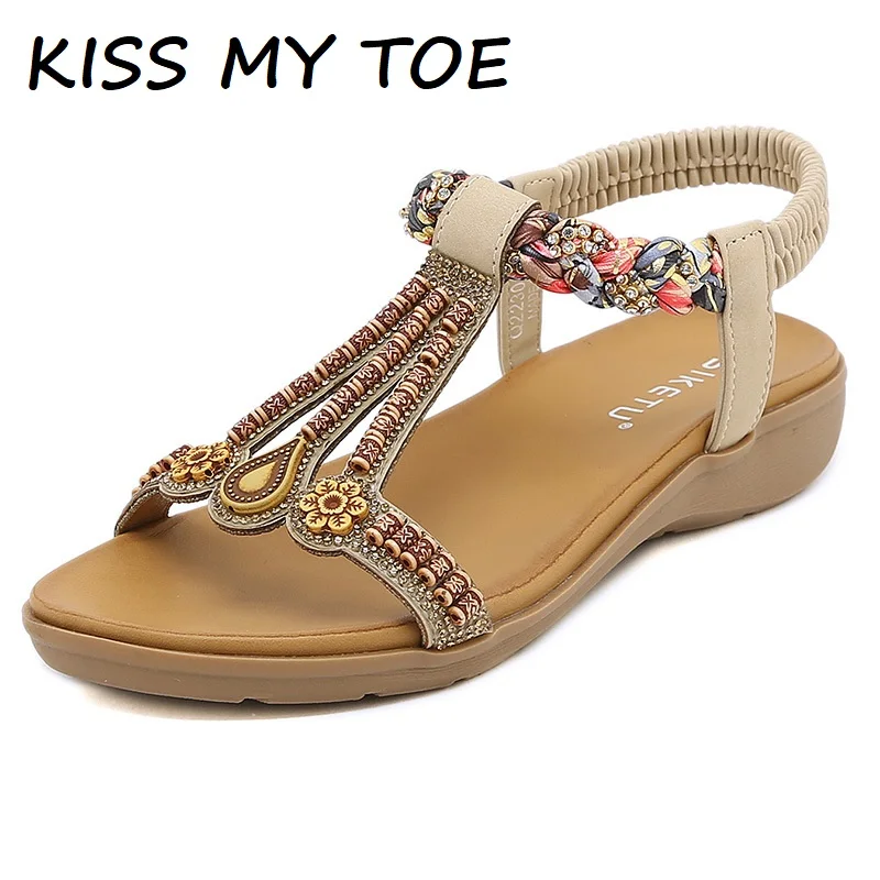 

Women's Sandals Summer 2024 New Casual PU Non-Slip String Bead Bling Bohemia Beach Hollow Roman Shoes Woman Flat Heels Ladies