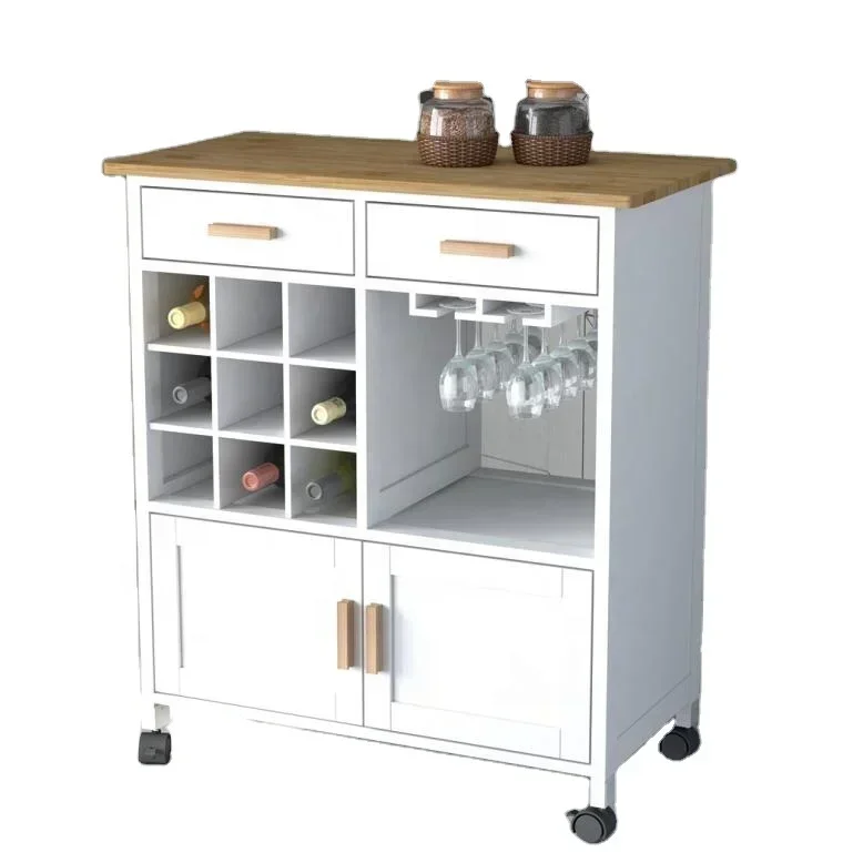 New French Modern Portable Mobile Storage Cabinet Trolley Counter Modular Rolling Island Kitchen Cart with Wine Rack