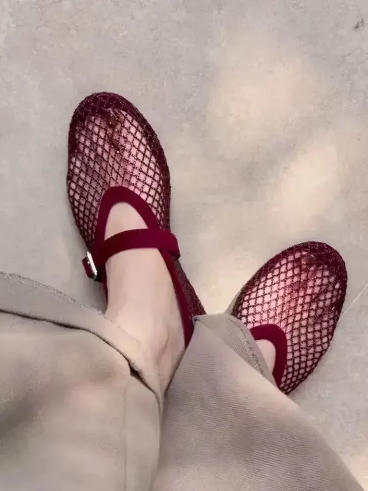 2026 Neues Modell~ Netzstoff Strass Ballerinas Mary Jane Damenschuhe mit Ausgehöhltem Riemen – Detail 2