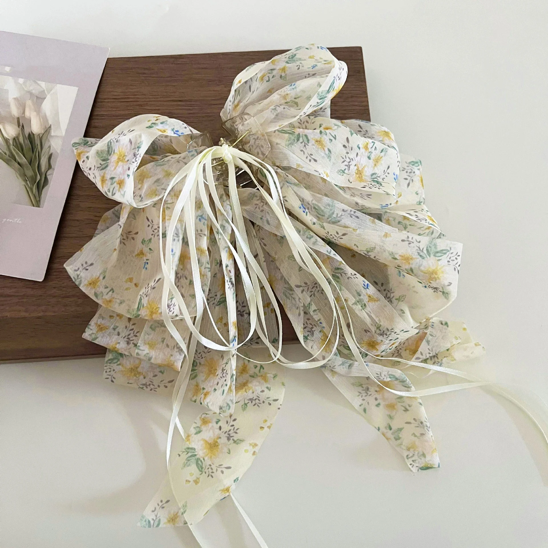 1 Stück französische Chiffon-Haarspange mit Blumenmuster, sanft und elegant, halbgebundene Haarspange, Haarspange für den oberen Teil, Haarspange für Pferdeschwanz, Haar-Accessoire – Detail 9