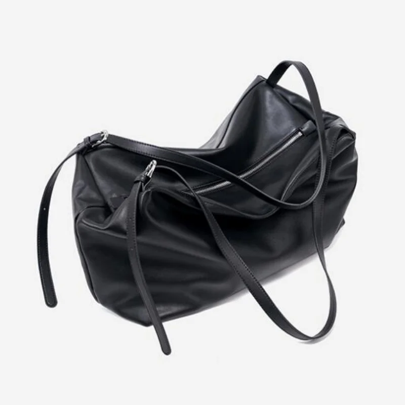 Genuine Leather Shoulder Bag Classic Black Leisure Tote Bag for Women First Layer Cowhide Versatile Handbag Concise Underarm Bag