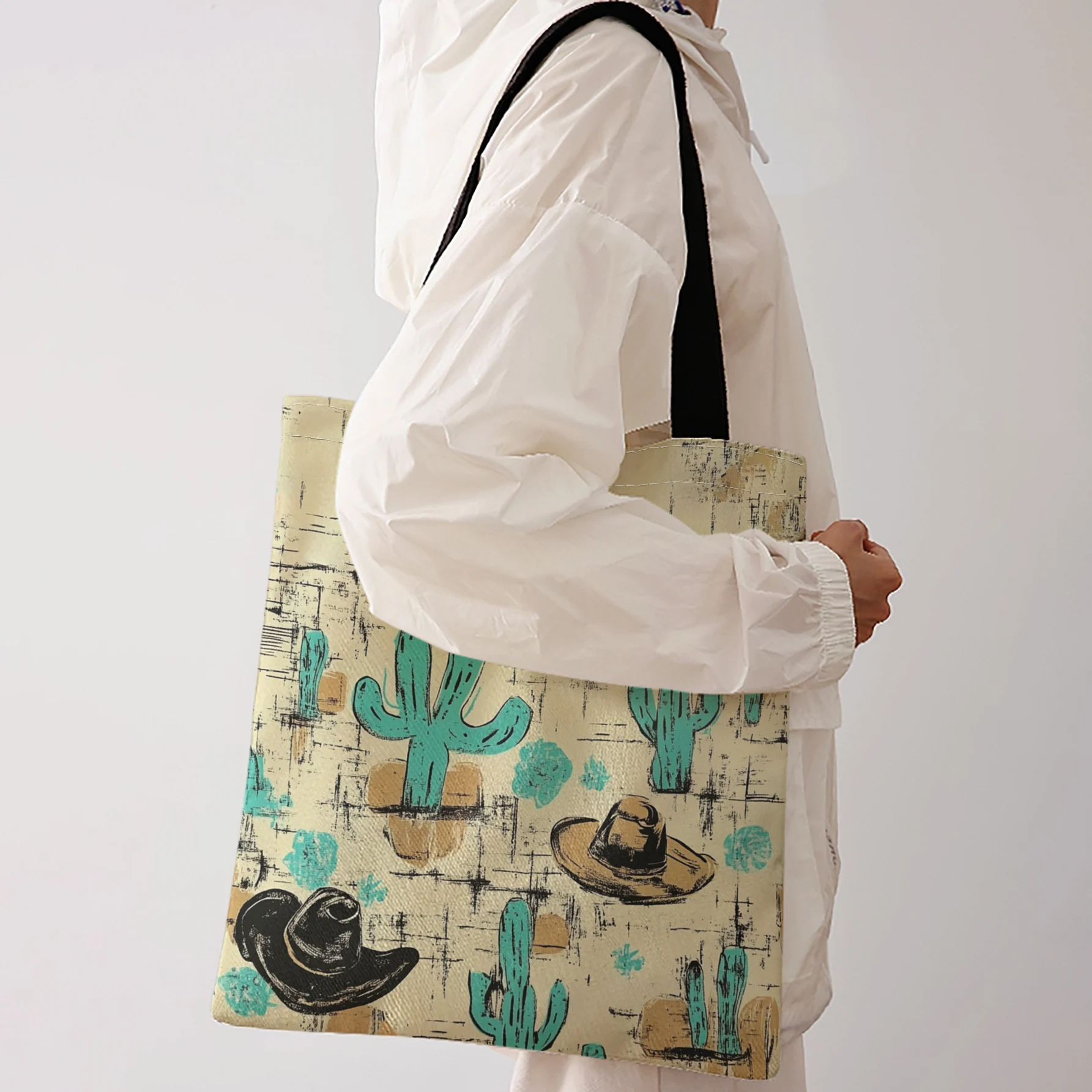 Cowboy Cactus Print Tote Bag With Black Handles Large Shoulder Handbag For Shopping Daily Use