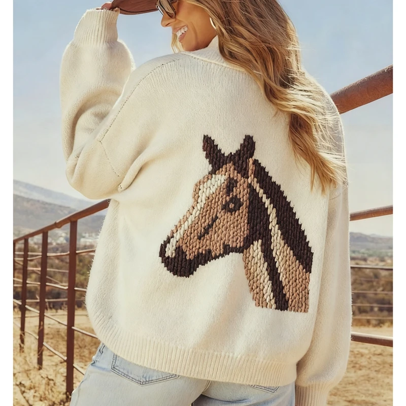 

Женский кардиган с шалевым воротником, в стиле Y2K, с принтом лошади, свободного кроя, с длинными рукавами, на пуговицах, винтажный, крупной вязки, вязаное пальто-жакет