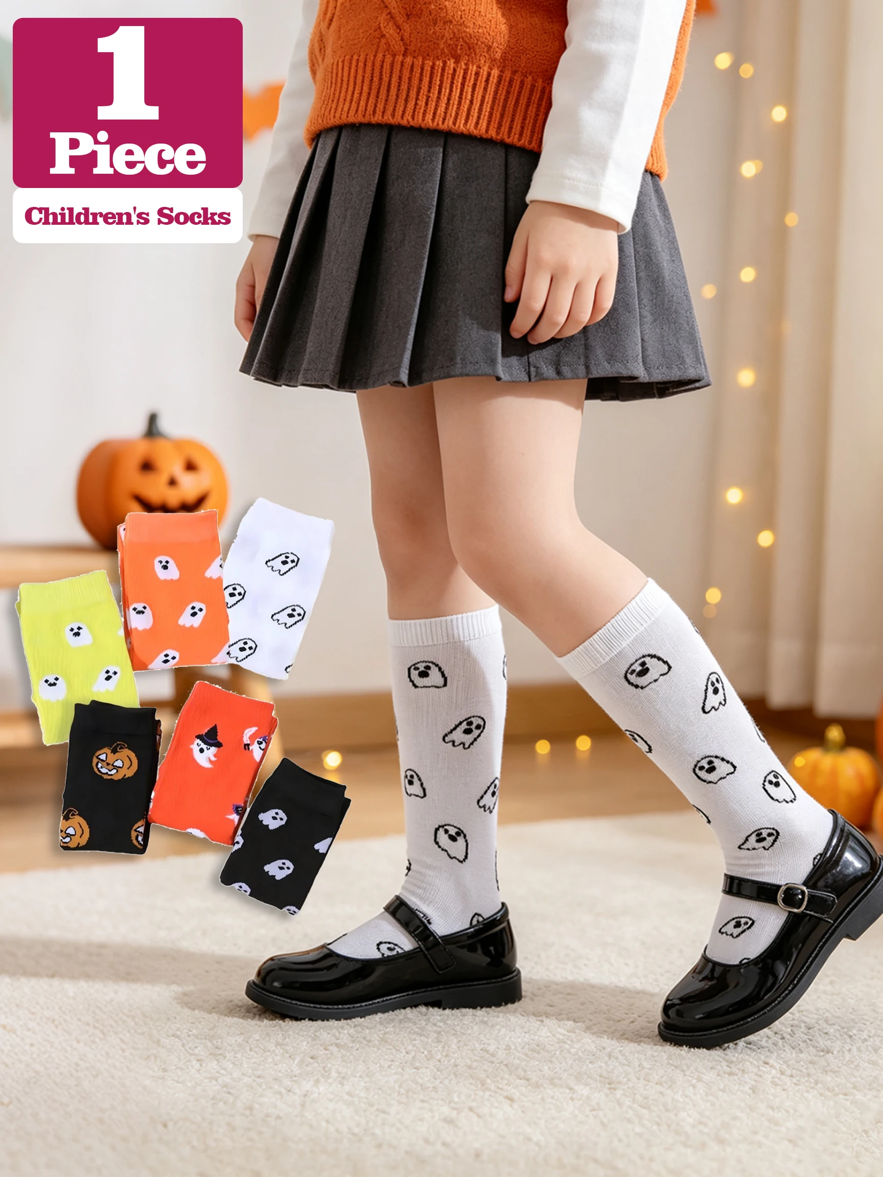 1Pair Kids Knee‑High Socks Ghost Pumpkin Print No‑Heel Straight Tube Calf Socks Funny Costume Socks For Halloween Party Outfit