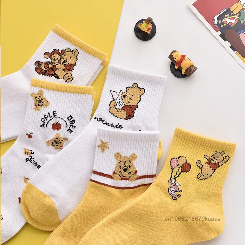 Disney Yellow Winnie The Pooh Cute Cartoon Socks Korean Version Harajuku Style Mid Tube Socks Sweet Y2k Girl Kawaii Cotton Socks