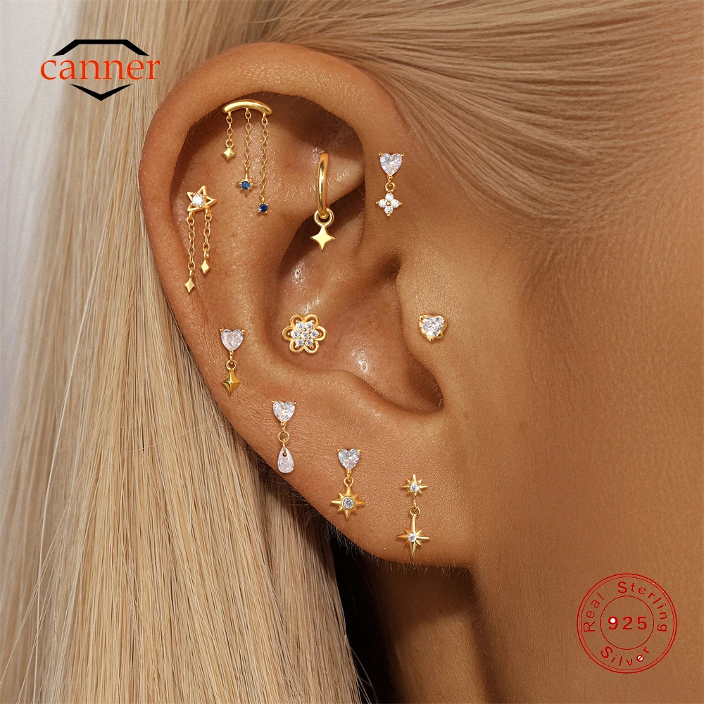CANNER 1PC Eight Pointed Star Heare CZ Cartilage Spiral Piercing 925 Sterling Silver Stud Earring For Women Ins Tassel Earring
