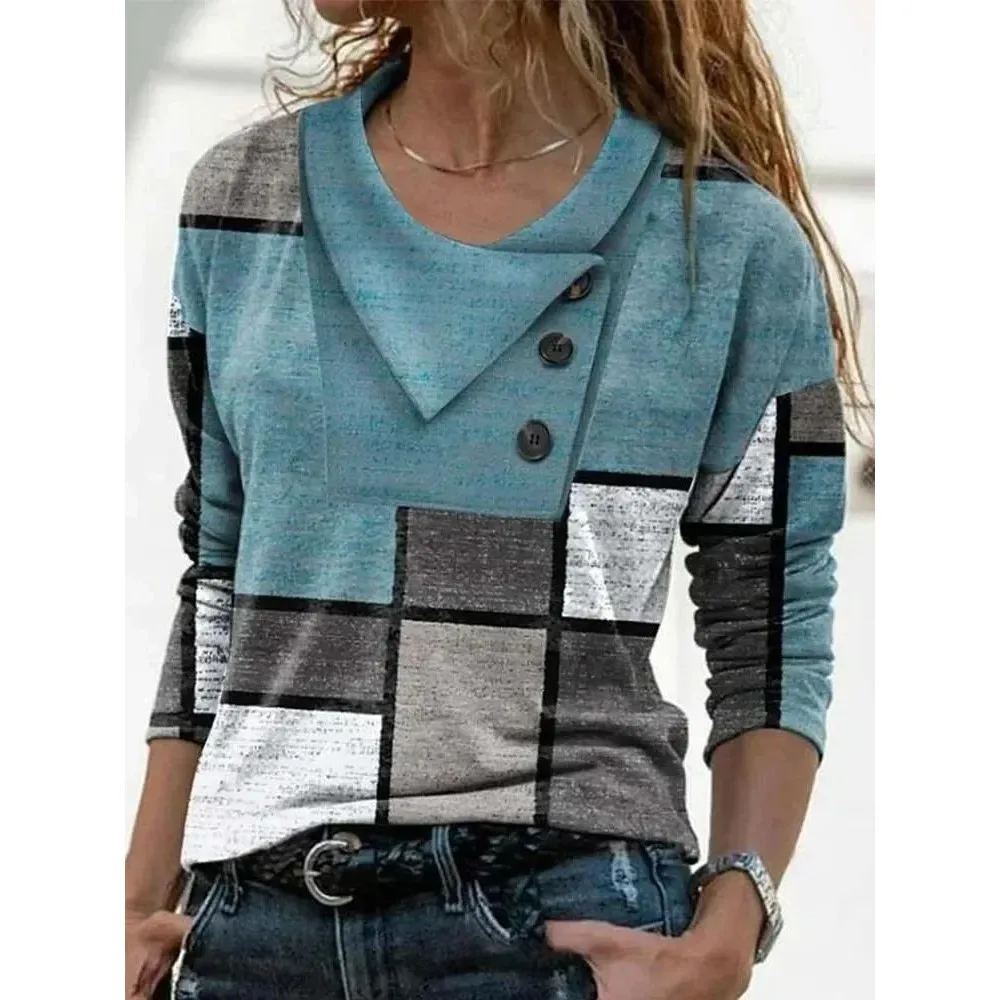 Faionable Women's Geometry Print T-irt Casual Autumn Button up Loose Fit Top Quali Material Other 00%