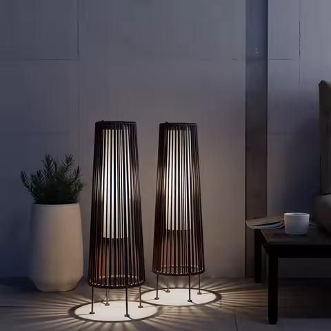 2-Piece Floor Solar Light , Wicker Solar Patio Lamp Waterproof Outside Deck Lamp for Porch, Yard, Garden, Lawn Decorations