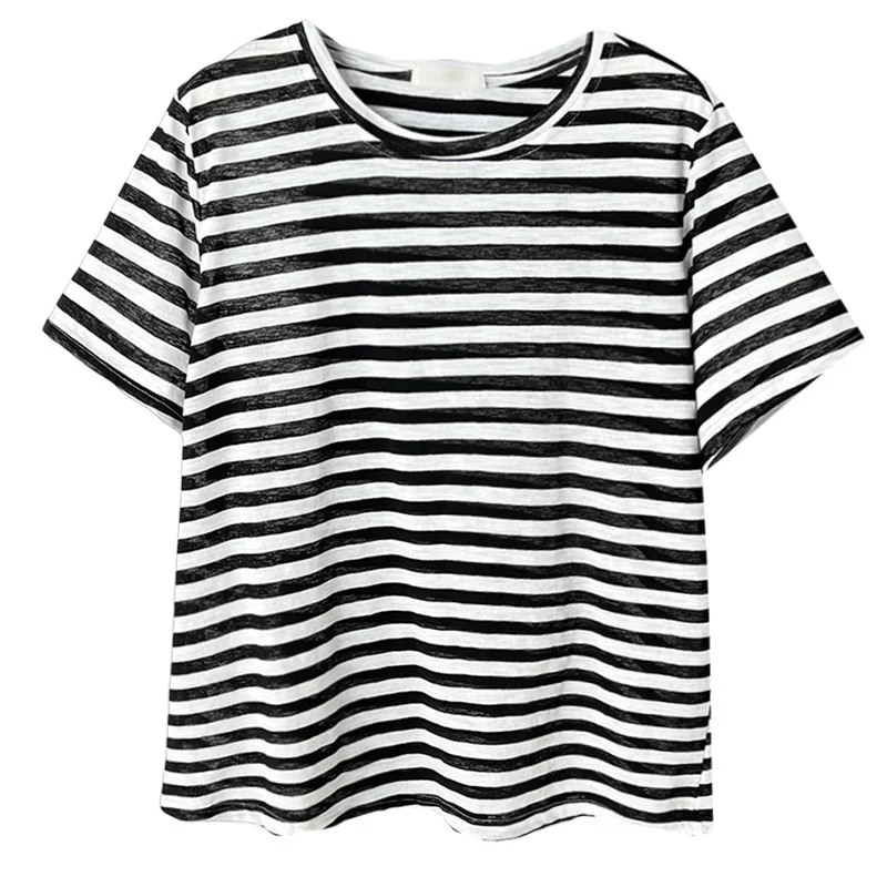 

100kg Summer Top New Casual Thin Breathable Striped Short Sleeve Tees Plus Size Women's T-shirt 767