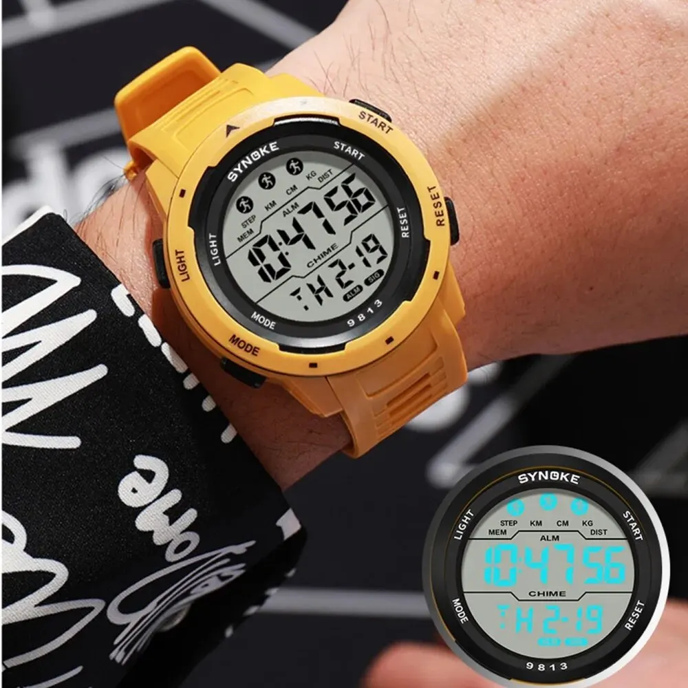 SYNOKE hombres deportes al aire libre multifuncional impermeable pantalla grande LED luminoso Digital para hombres reloj de silicona de moda