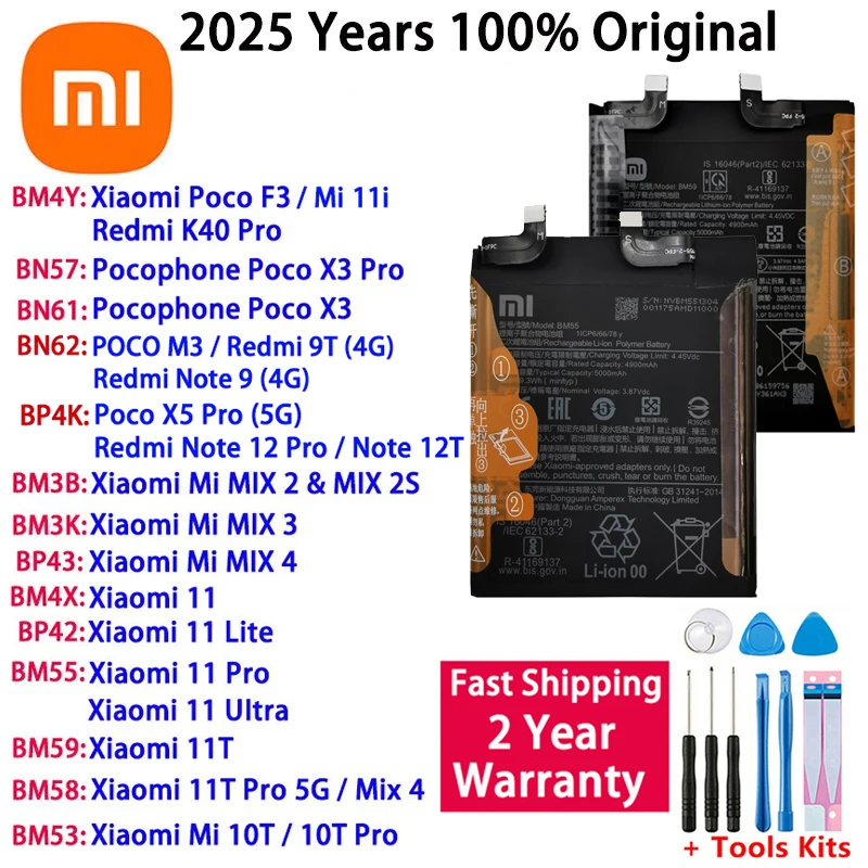

Original Battery For Xiaomi Mi Mix 2 2S 3 4 Mi 11 Lite Ultra Poco M3 X3 F3 X5 Redmi Note K40 9 9T 10T 11T 12 12T Pro Batteries