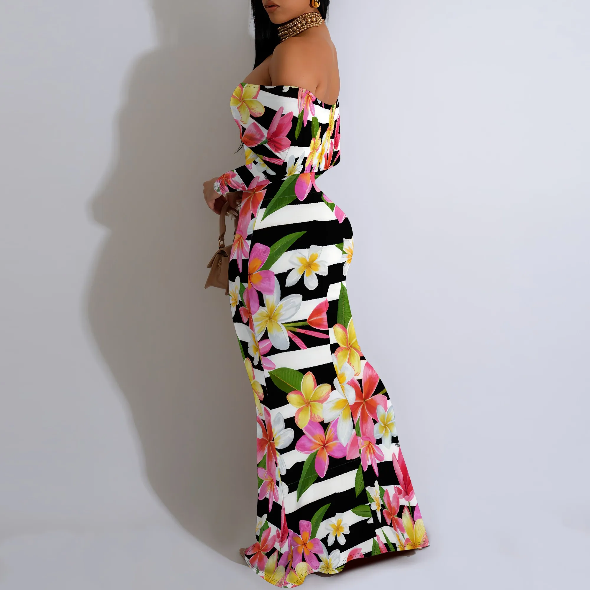 Stripe Floral Maxi Dress Women Off Shoulder Tropical Print Vacation Long Dress