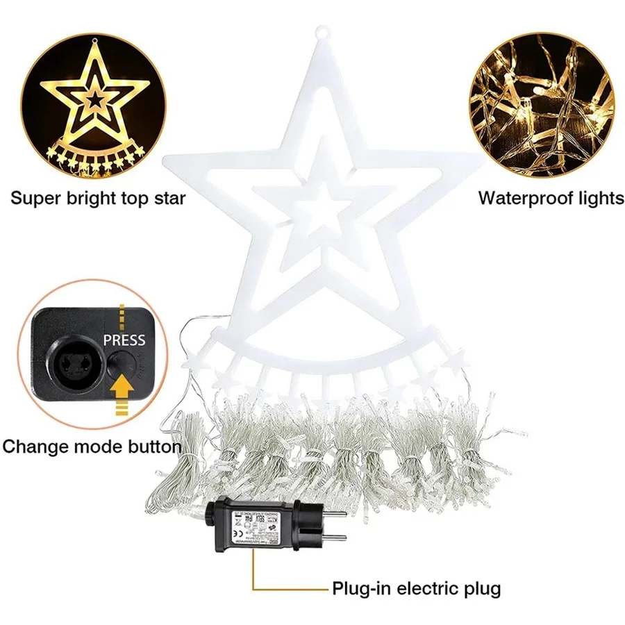 LED Stars Waterfall Garden String Lights Guirlanda impermeável, Fairy Lights para a festa de Natal, Decoração para casa, EU Plug, 8 modos