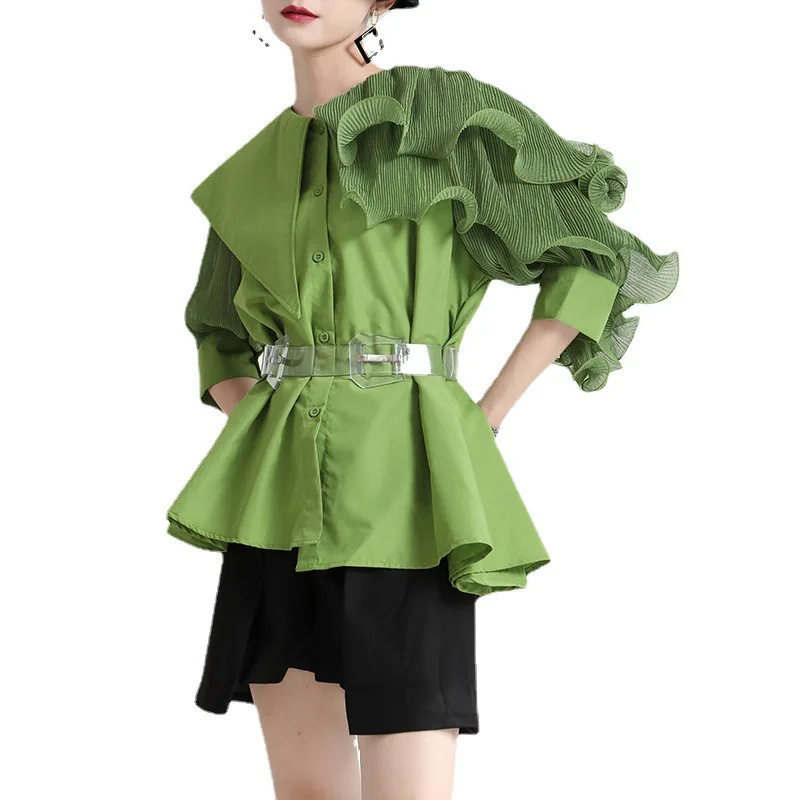 New for summer, it's rumled with ruffles and irregular panels, short-sleeved shirt with belt top