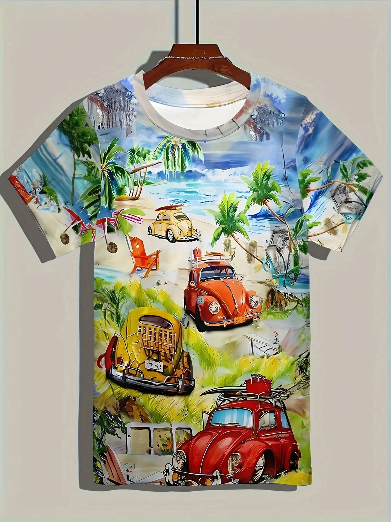 Men's Beach Vintage Beetle Car Print T-Shirt Casual O-Neck Short Sleeve Tropical Summer Graphic Tee Tops