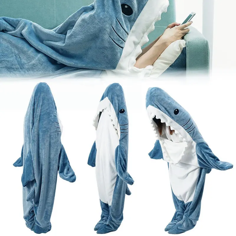 GY 1pcs Trendy Sand Sculpture Shark Sleeping Bag, Flannel Material, One-piece Air-conditioned Suit, Home Wear, Performance Wear