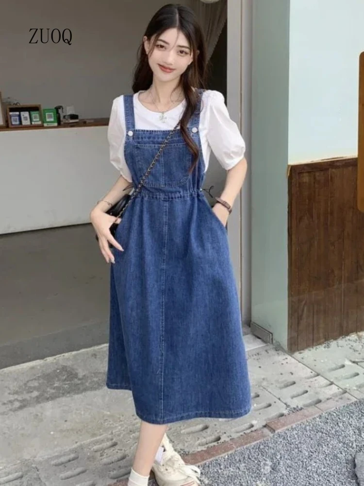 

New Fashion Denim Skirt Women Spring Summer Causal Strap Suspender High Waist A-line Solid Jeans Skirts Woman
