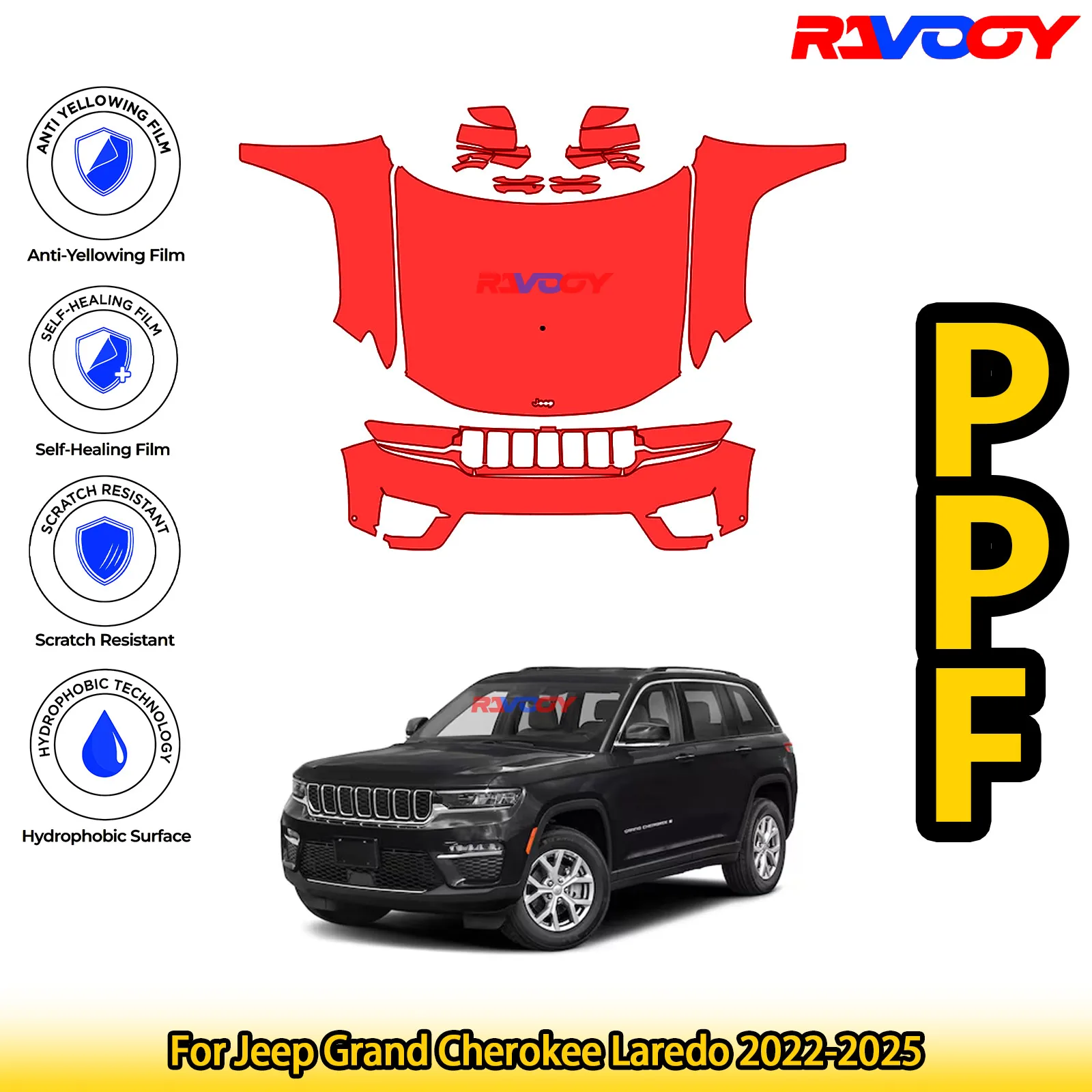 

Для Jeep Grand Cherokee Laredo 2022-2025 глянцевая матовая черная предварительно вырезанная передняя защитная пленка PPF комплект