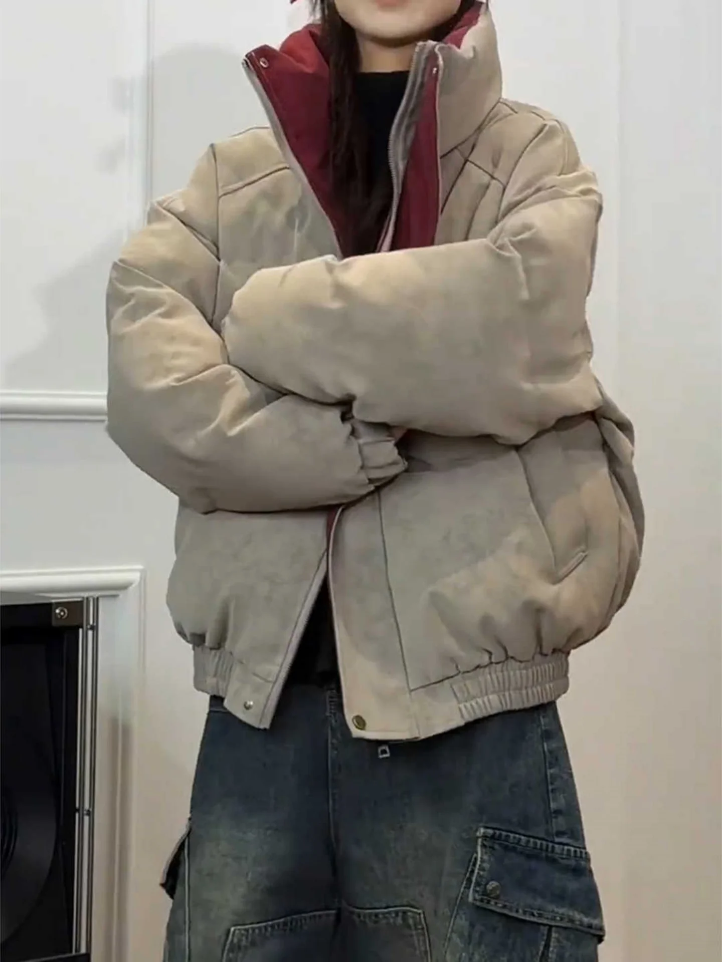 

Мужская зимняя куртка из американской искусственной кожи с наполнителем из хлопка, теплая, с воротником-стойкой, на молнии, на полиэстеровой подкладке