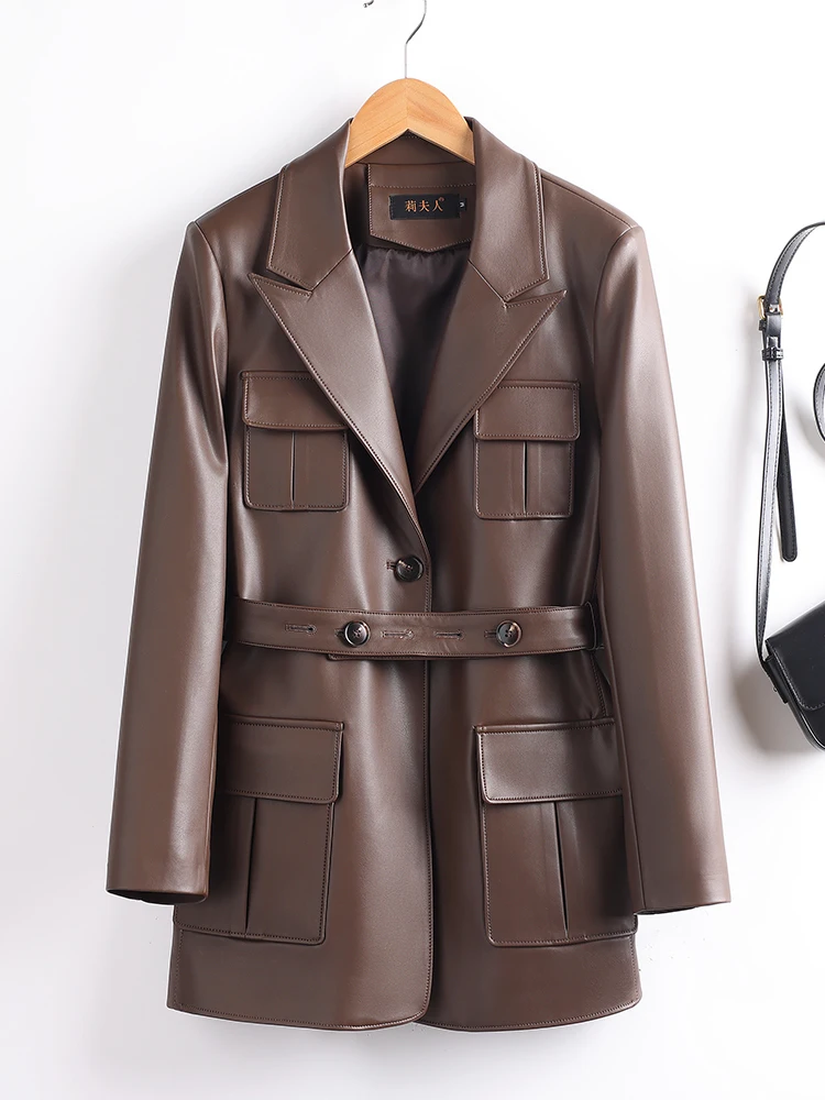 本革シープスキンコート女性のミッドレングスベルト付きウエストスリミングスーツ襟ジャケット秋冬新作通勤スレ