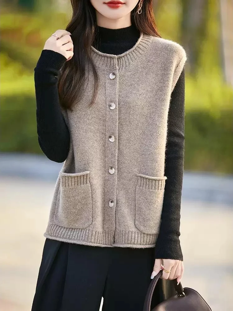 100% Pure Wool Knitted Vest Women's Sleeveless Open Cardigan Thick Warm Jacket Seven-needle Knitting Fashionable Inner Wear