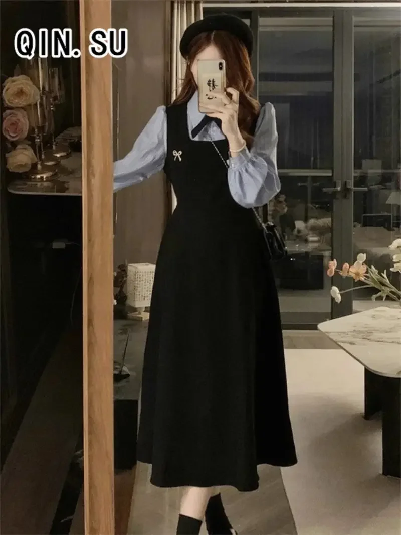 ชุดเดรสแขนยาวทรงหลวมสไตล์นักศึกษา กระโปรงยาวลายทาง เสื้อเชิ้ตต่อผ้าแบบสองชิ้นหลอกๆ