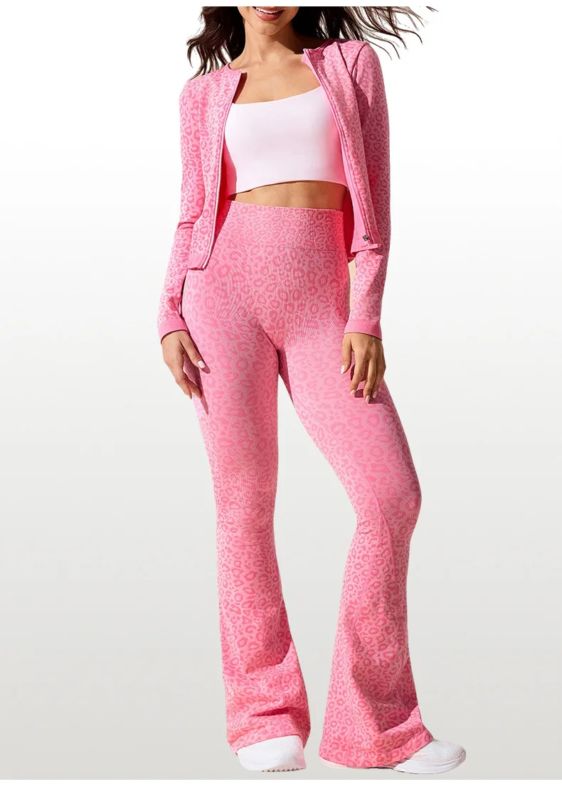 2 قطعة ملابس اليوغا النساء الرياضة مجموعة عارية الذراعين ليوبارد سحاب أكمام طويلة معطف متوهج السراويل رياضة الجري تجريب الملابس ملابس رياضية