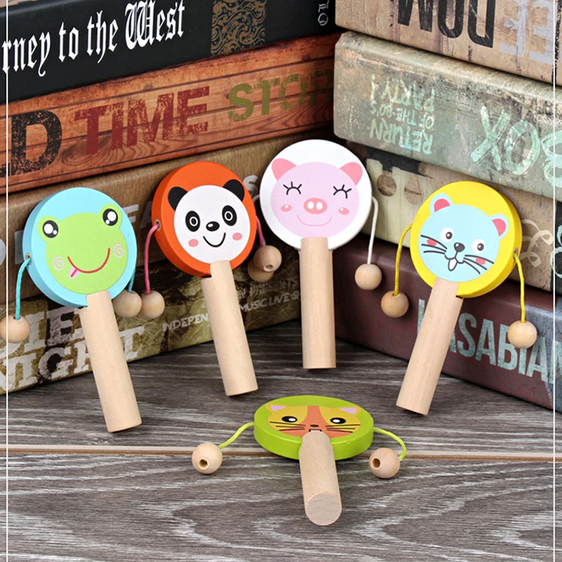 Cartoon Wooden Rattle Drum Handle Clapping Castanets Board Musical Instrument Preschool Early Educational Toys