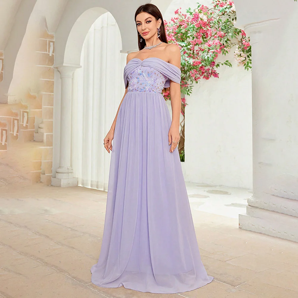 

Prom Dresses Purple Chic Evening Off Shoulder Reception Guest Stage Dress Maxi Robe Elegant Gown Wedding Party Summer Clothing